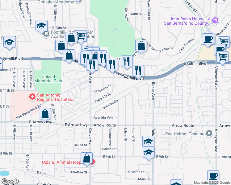 map of restaurants, bars, coffee shops, grocery stores, and more near 8250 Vía Carrillo in Rancho Cucamonga