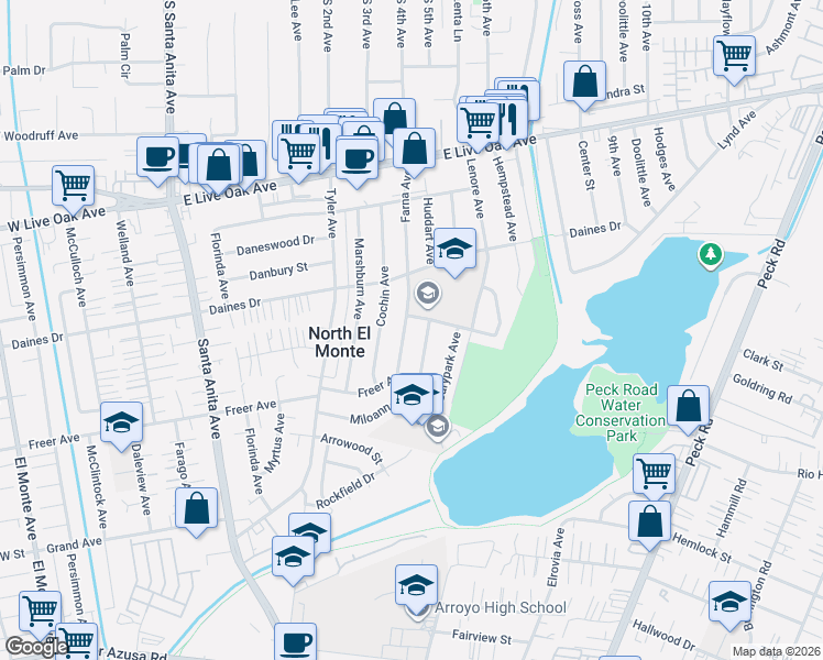 map of restaurants, bars, coffee shops, grocery stores, and more near 5330 Farna Avenue in Arcadia
