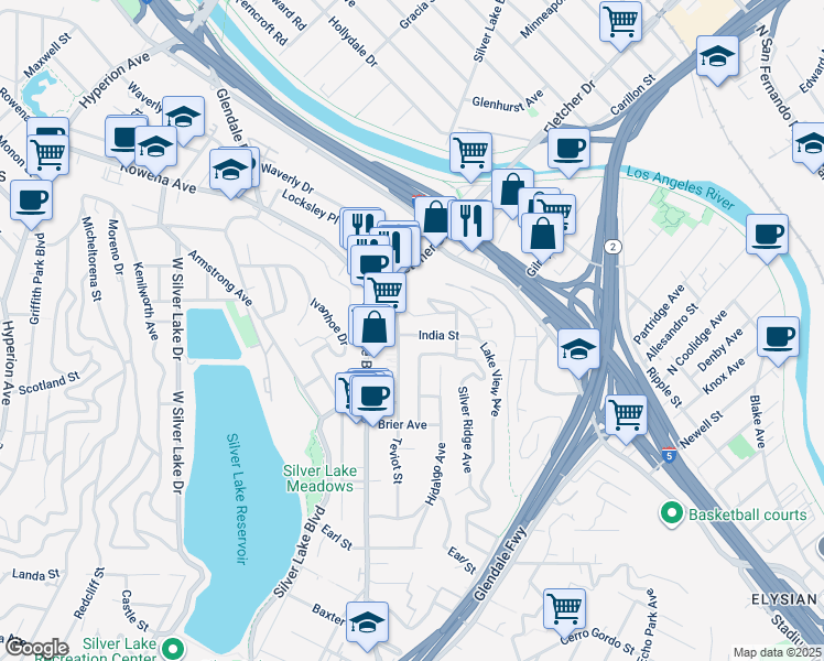 map of restaurants, bars, coffee shops, grocery stores, and more near 2279 India Street in Los Angeles