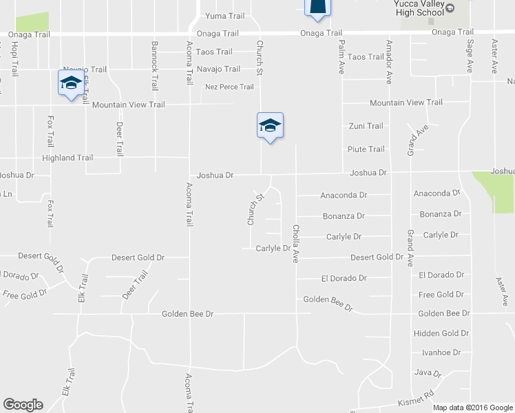 map of restaurants, bars, coffee shops, grocery stores, and more near 8181 Church Street in Yucca Valley