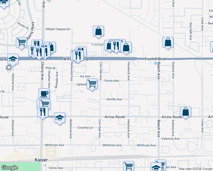 map of restaurants, bars, coffee shops, grocery stores, and more near 14947 Yucca Avenue in Fontana