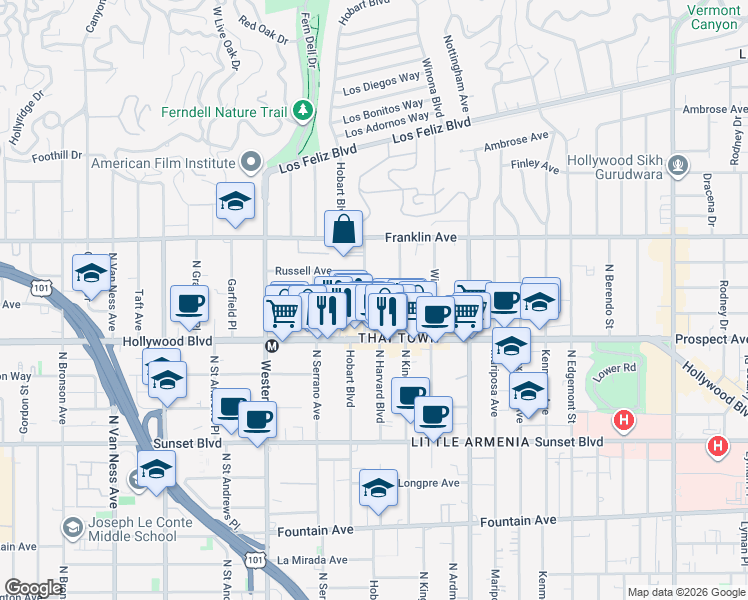 map of restaurants, bars, coffee shops, grocery stores, and more near 1757 North Kingsley Drive in Los Angeles