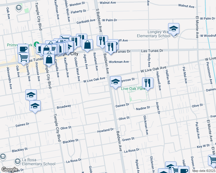 map of restaurants, bars, coffee shops, grocery stores, and more near 9978 Duffy Street in Temple City
