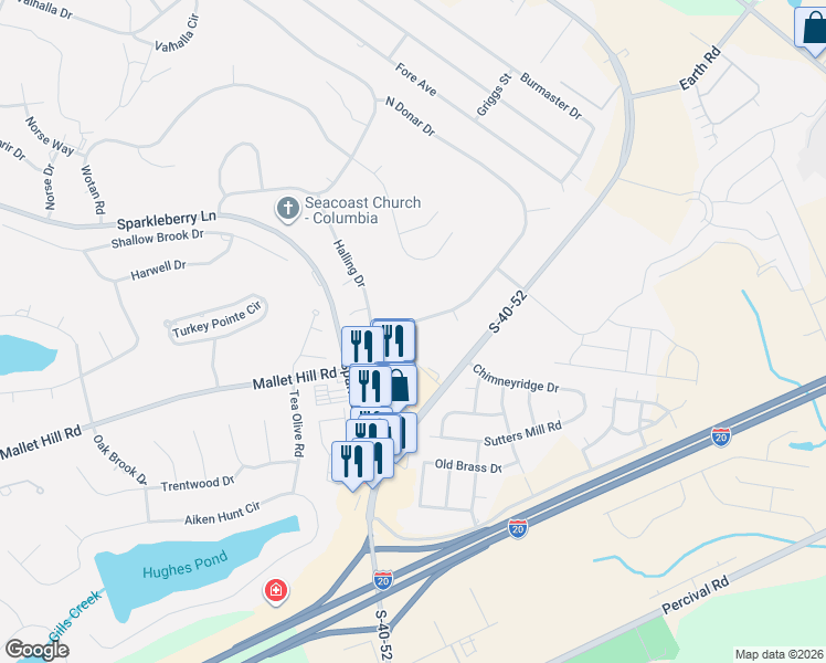 map of restaurants, bars, coffee shops, grocery stores, and more near 105 Sparkleberry Crossing Road in Columbia