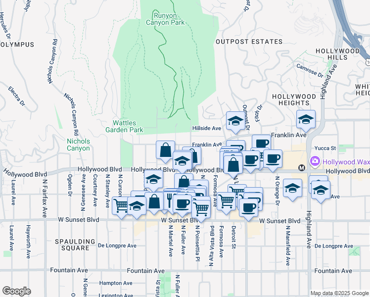 map of restaurants, bars, coffee shops, grocery stores, and more near 7300 Franklin Avenue in Los Angeles