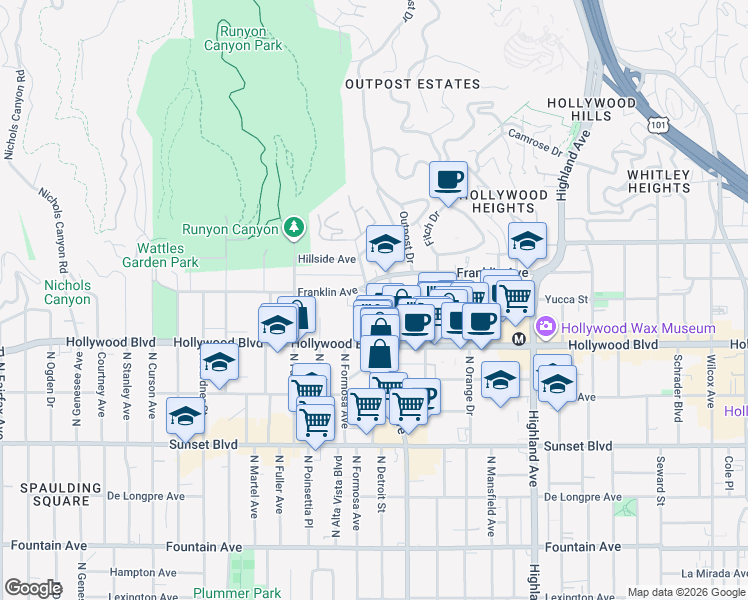 map of restaurants, bars, coffee shops, grocery stores, and more near 1762 North La Brea Avenue in Los Angeles