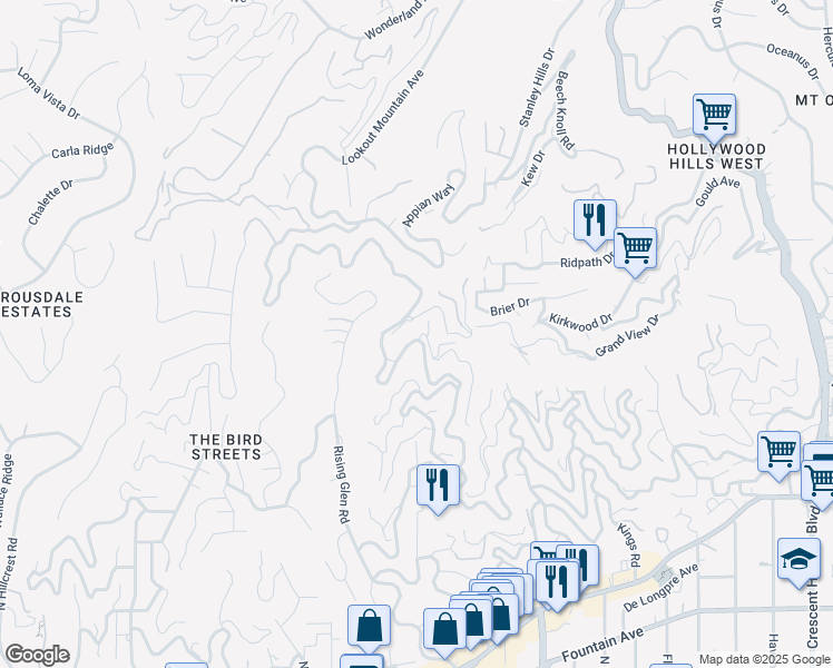 map of restaurants, bars, coffee shops, grocery stores, and more near 1755 Sunset Plaza Drive in Los Angeles
