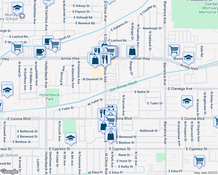 map of restaurants, bars, coffee shops, grocery stores, and more near 1308 North Citrus Avenue in Covina