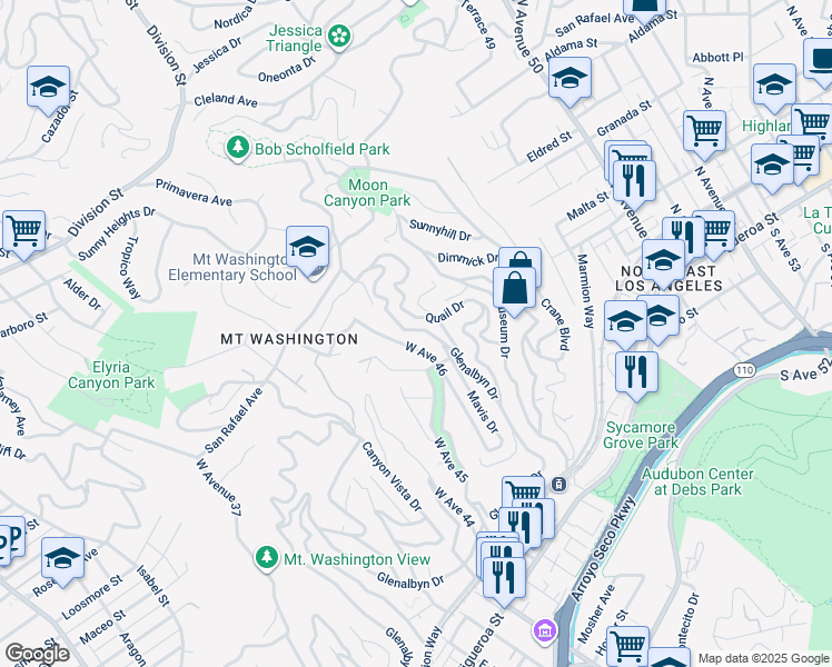 map of restaurants, bars, coffee shops, grocery stores, and more near 4825 Glenalbyn Drive in Los Angeles