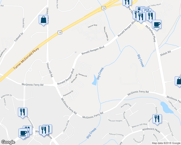 map of restaurants, bars, coffee shops, grocery stores, and more near 6980 Sentara Place in Alpharetta