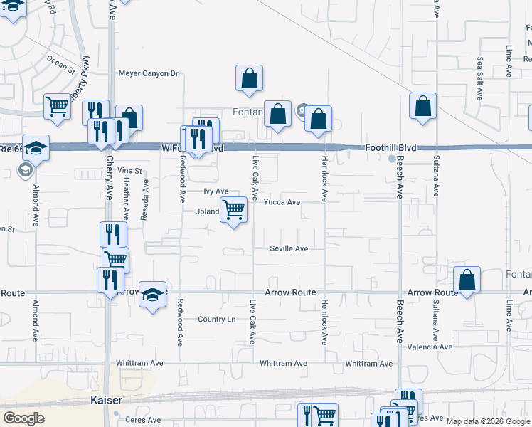 map of restaurants, bars, coffee shops, grocery stores, and more near 14943 Yucca Avenue in Fontana