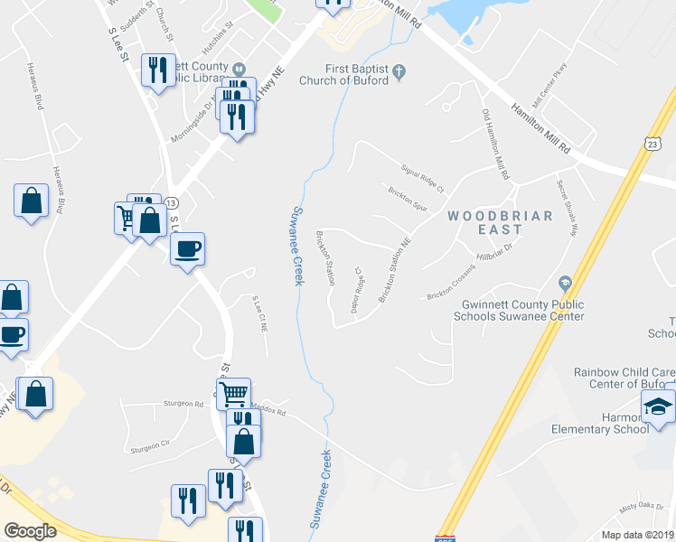 map of restaurants, bars, coffee shops, grocery stores, and more near 1840 Brickton Station in Buford