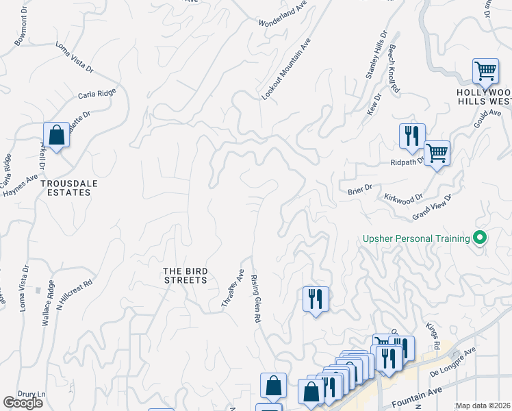 map of restaurants, bars, coffee shops, grocery stores, and more near 1707 Rising Glen Road in Los Angeles