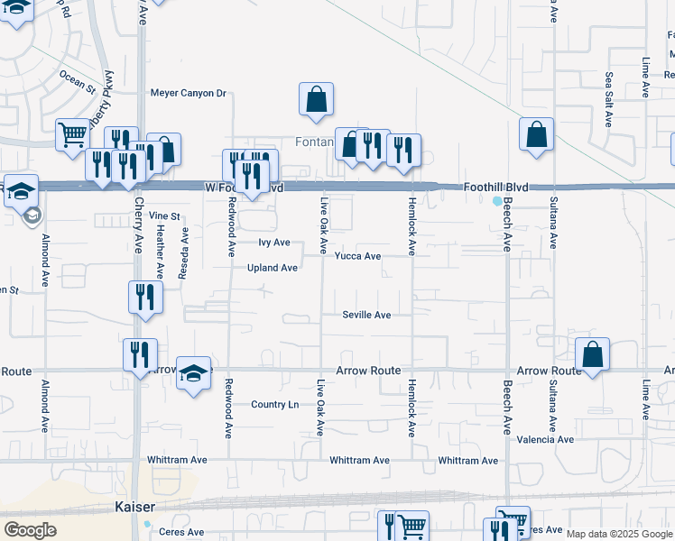 map of restaurants, bars, coffee shops, grocery stores, and more near 8330 Pampas Lane in Fontana