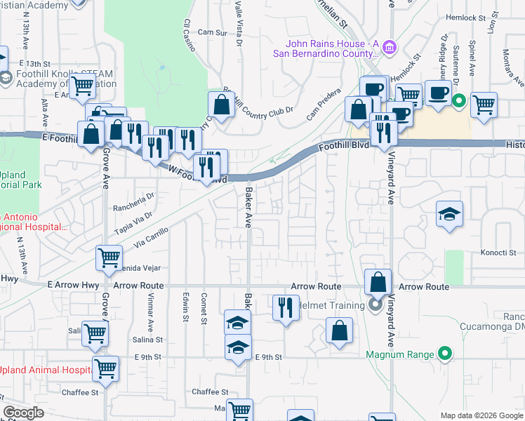map of restaurants, bars, coffee shops, grocery stores, and more near 8378 Baker Avenue in Rancho Cucamonga