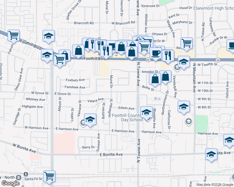 map of restaurants, bars, coffee shops, grocery stores, and more near 528 East Grove Street in Pomona
