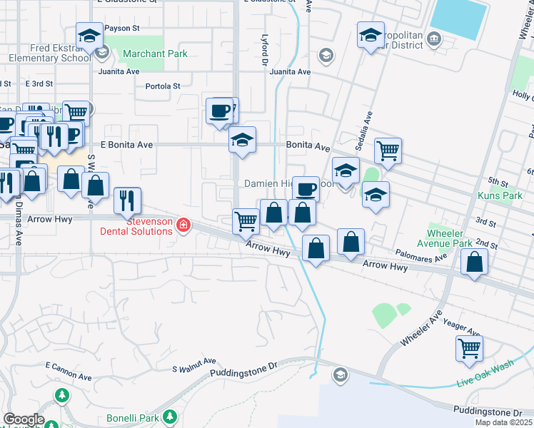 map of restaurants, bars, coffee shops, grocery stores, and more near 800 Palomares Avenue in La Verne