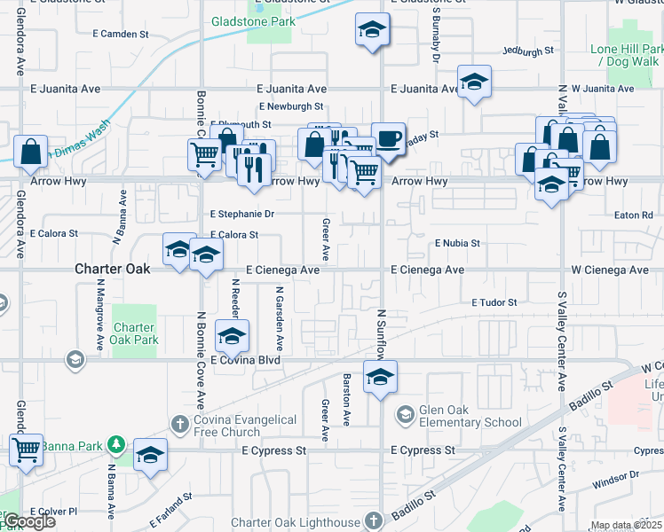 map of restaurants, bars, coffee shops, grocery stores, and more near 1972 East Tudor Street in Covina