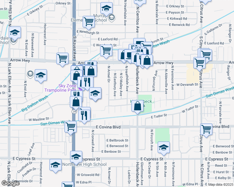 map of restaurants, bars, coffee shops, grocery stores, and more near 610 West Groverdale Street in Covina