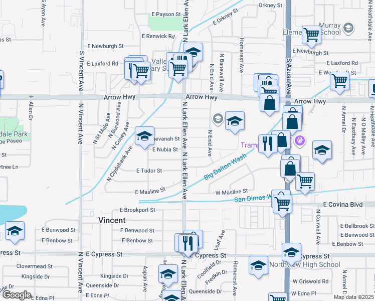 map of restaurants, bars, coffee shops, grocery stores, and more near 17002 East Groverdale Street in Covina