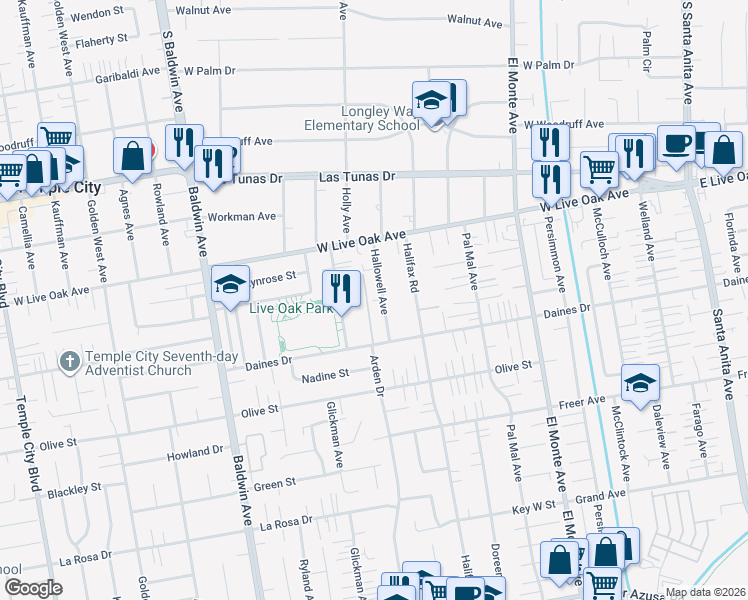 map of restaurants, bars, coffee shops, grocery stores, and more near 5527 Hallowell Avenue in Arcadia