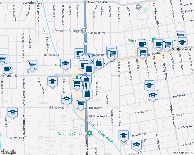 map of restaurants, bars, coffee shops, grocery stores, and more near 5656 Sultana Avenue in Temple City