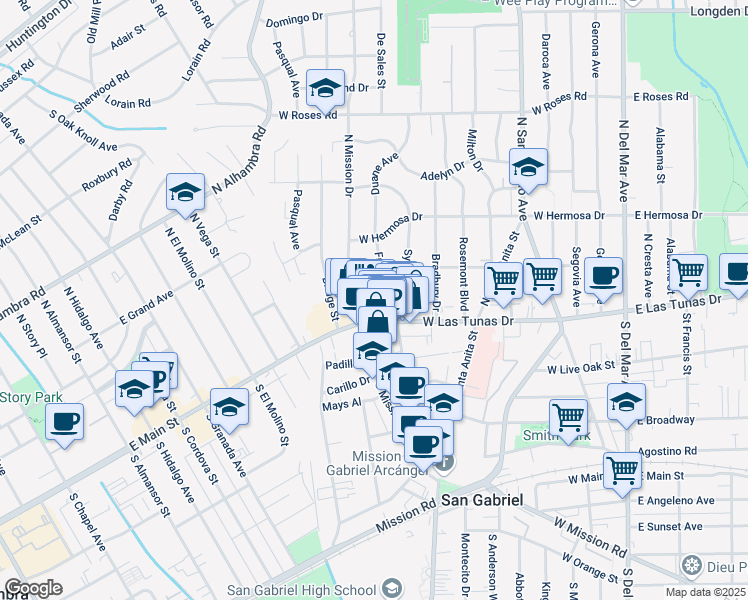map of restaurants, bars, coffee shops, grocery stores, and more near 641 West Las Tunas Drive in San Gabriel