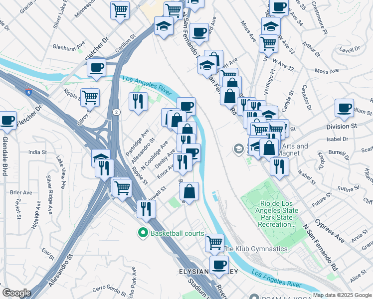map of restaurants, bars, coffee shops, grocery stores, and more near 2029 Blake Avenue in Los Angeles