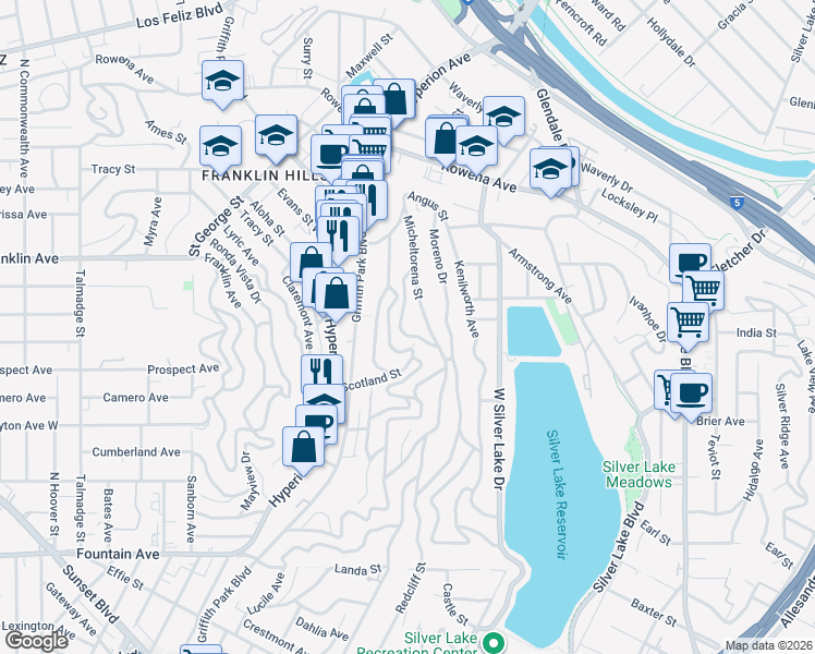 map of restaurants, bars, coffee shops, grocery stores, and more near 2384 Panorama Terrace in Los Angeles