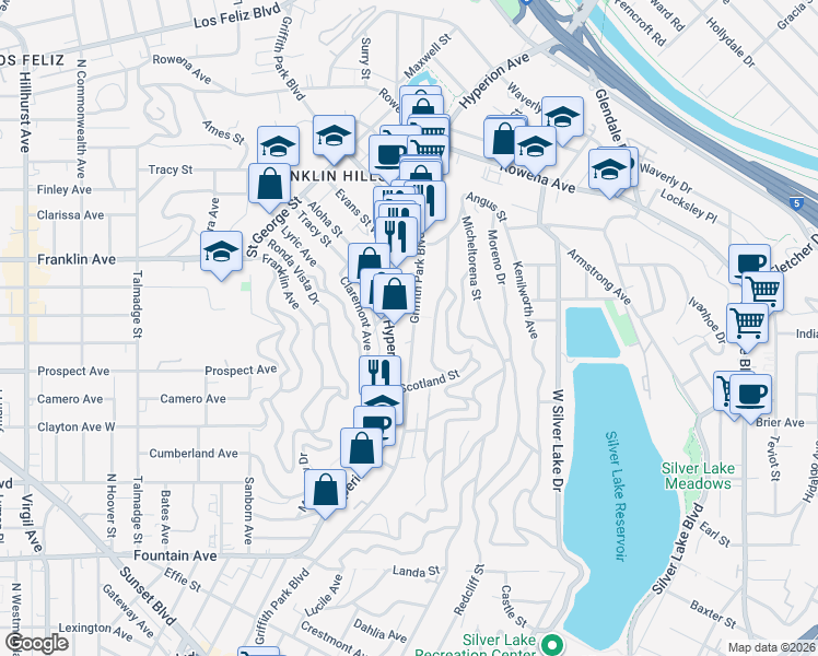map of restaurants, bars, coffee shops, grocery stores, and more near 2340 Griffith Park Boulevard in Los Angeles