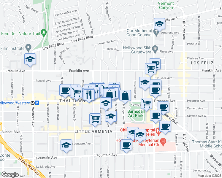map of restaurants, bars, coffee shops, grocery stores, and more near 1723 North Kenmore Avenue in Los Angeles