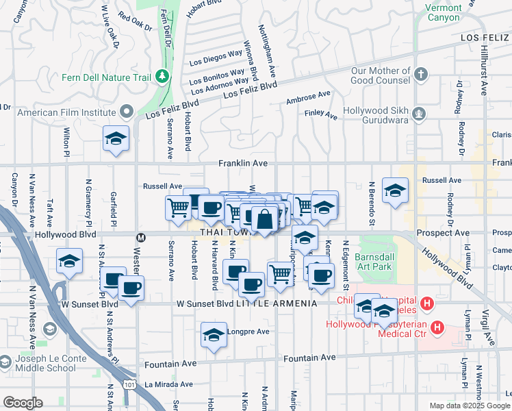 map of restaurants, bars, coffee shops, grocery stores, and more near 1723 Winona Boulevard in Los Angeles