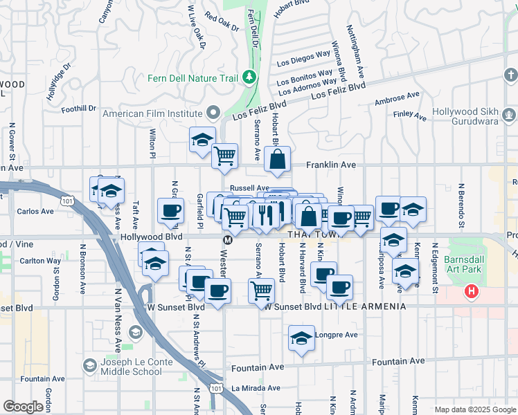 map of restaurants, bars, coffee shops, grocery stores, and more near 5340 Loma Linda Avenue in Los Angeles