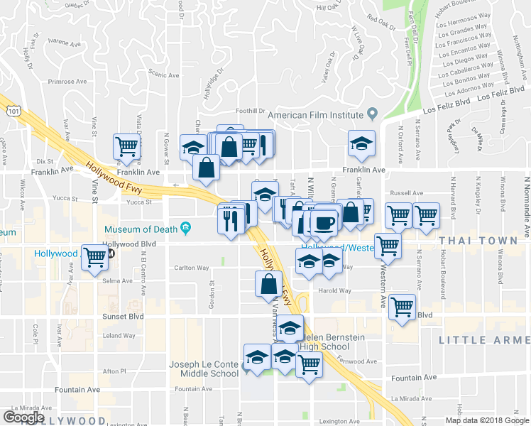 map of restaurants, bars, coffee shops, grocery stores, and more near 101 El Camino Real in Los Angeles