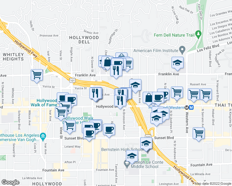map of restaurants, bars, coffee shops, grocery stores, and more near 12 Carlos Avenue in Los Angeles