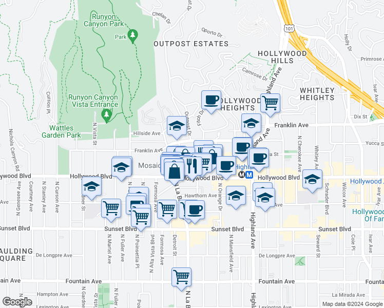 map of restaurants, bars, coffee shops, grocery stores, and more near 1731 North Sycamore Avenue in Los Angeles