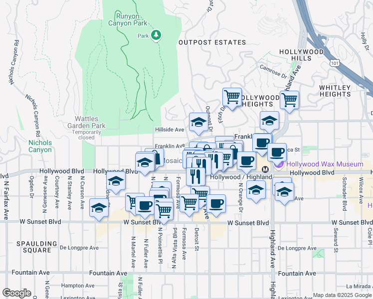 map of restaurants, bars, coffee shops, grocery stores, and more near 1730 North La Brea Avenue in Los Angeles