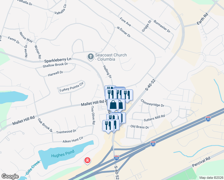 map of restaurants, bars, coffee shops, grocery stores, and more near 112 North Donar Drive in Columbia