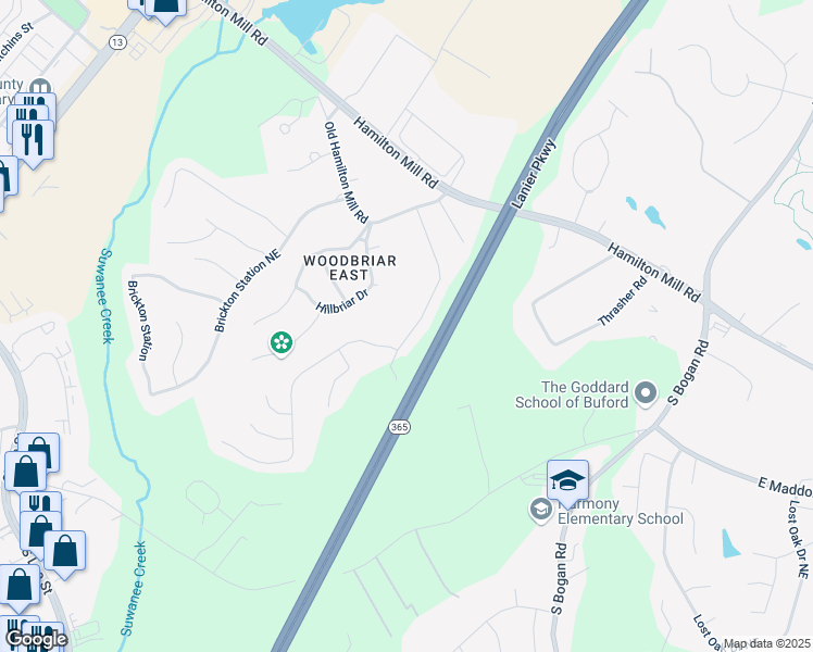 map of restaurants, bars, coffee shops, grocery stores, and more near 4100 Secret Shoals Way in Buford