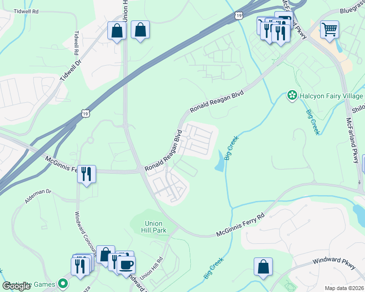 map of restaurants, bars, coffee shops, grocery stores, and more near 7505 Scarlet Drive in Alpharetta