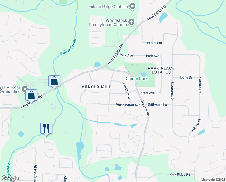 map of restaurants, bars, coffee shops, grocery stores, and more near 117 Franklin Road in Woodstock