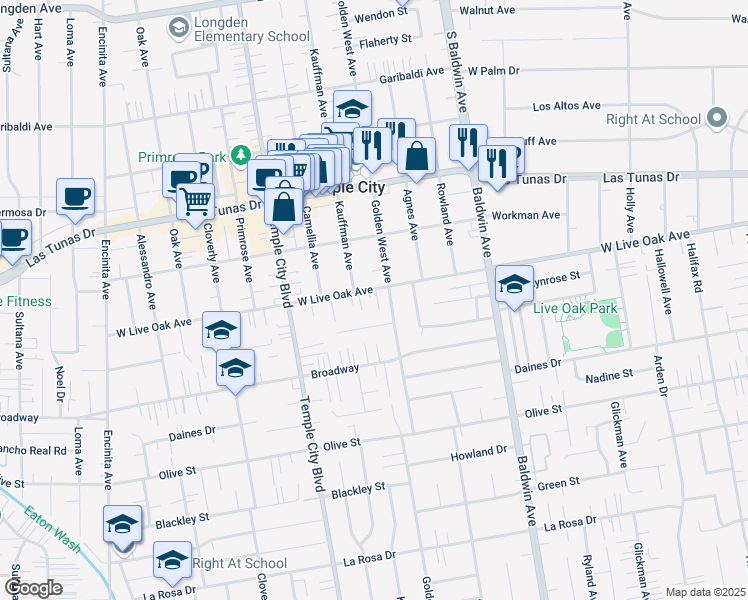 map of restaurants, bars, coffee shops, grocery stores, and more near 9720 Live Oak Avenue in Temple City
