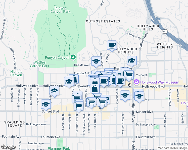 map of restaurants, bars, coffee shops, grocery stores, and more near 1762 North La Brea Avenue in Los Angeles