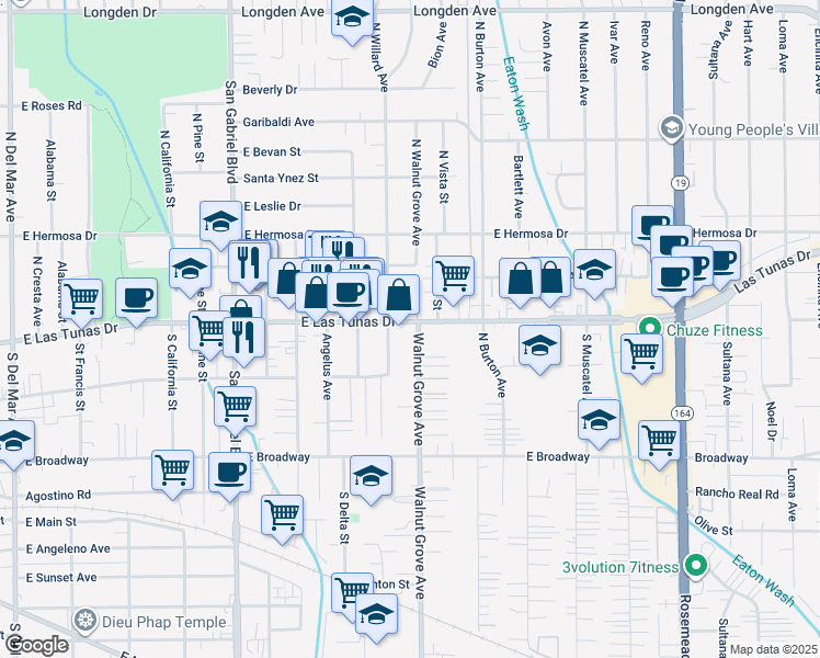 map of restaurants, bars, coffee shops, grocery stores, and more near 5626 North Willard Avenue in San Gabriel