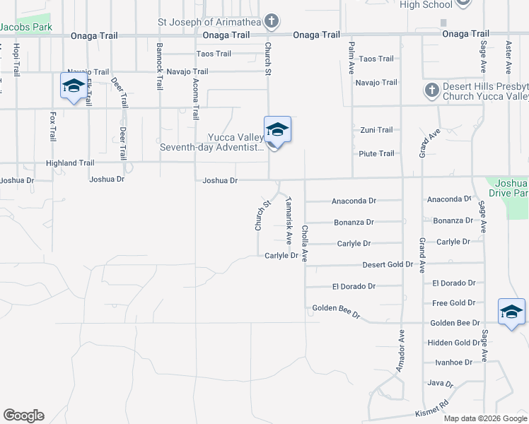 map of restaurants, bars, coffee shops, grocery stores, and more near 8181 Church Street in Yucca Valley