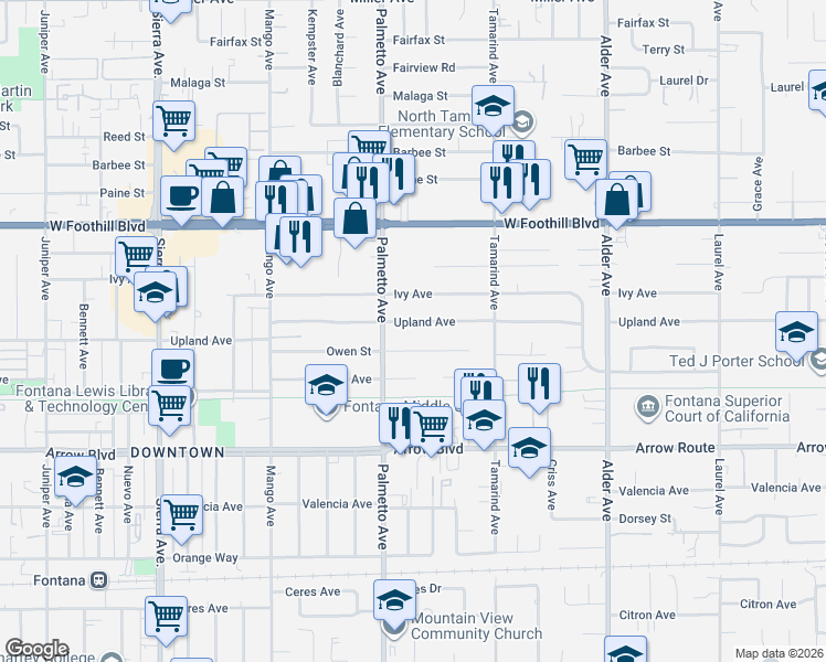 map of restaurants, bars, coffee shops, grocery stores, and more near 17345 Owen Street in Fontana
