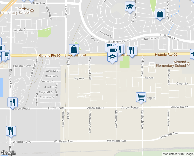 map of restaurants, bars, coffee shops, grocery stores, and more near 13538 Owen Street in Fontana
