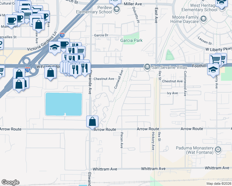 map of restaurants, bars, coffee shops, grocery stores, and more near 8355 Etiwanda Avenue in Rancho Cucamonga