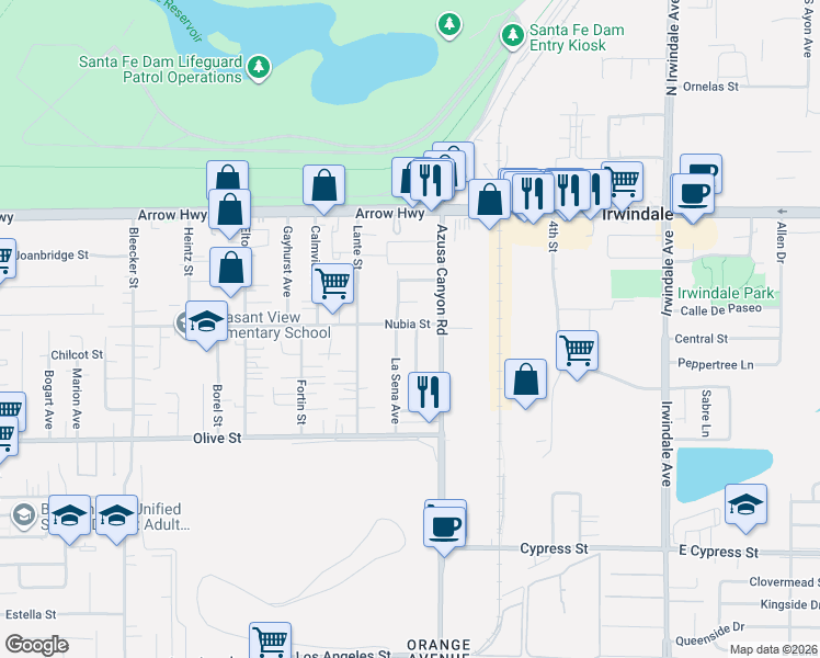 map of restaurants, bars, coffee shops, grocery stores, and more near 4929 Azusa Canyon Road in Baldwin Park