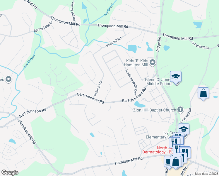 map of restaurants, bars, coffee shops, grocery stores, and more near 3153 Little Bear Lane in Buford